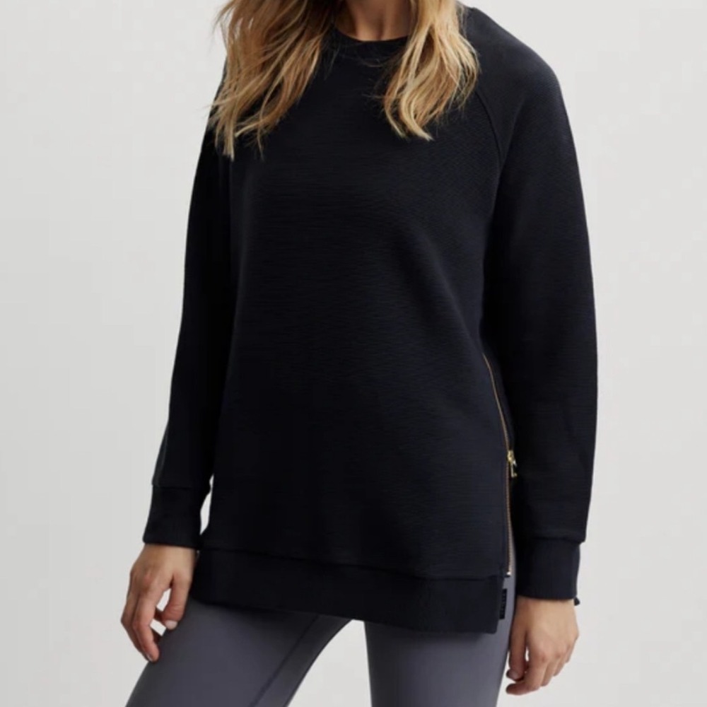Varley Manning Sweatshirt Black Ottoman Rib Gold Side Zip Pullover Large